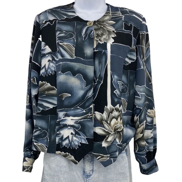 Bora Bora Tops - Vintage Button Up Long Sleeve Blue Black Blouse Jacket Womens Small Bora Bora